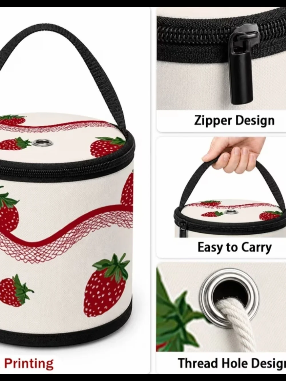 Strawberry Print Round Craft Storage Bag with Handle - Cream & Red